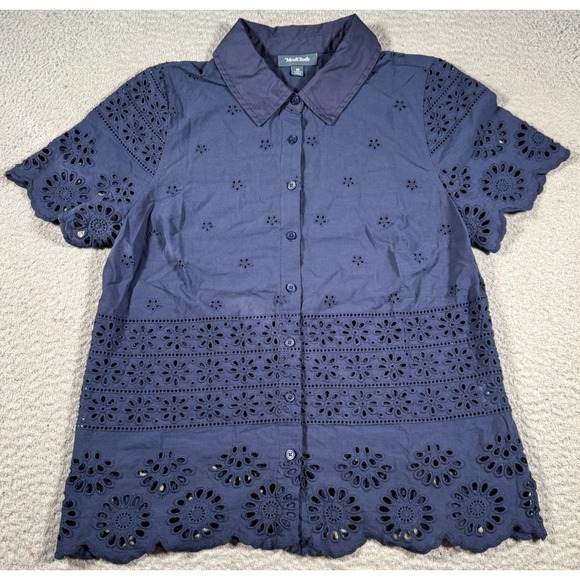 Modcloth Tops - ModCloth Shirt  Blouse Womens Medium Blue‎ Short Sleeve Eyelet Lace Button Front